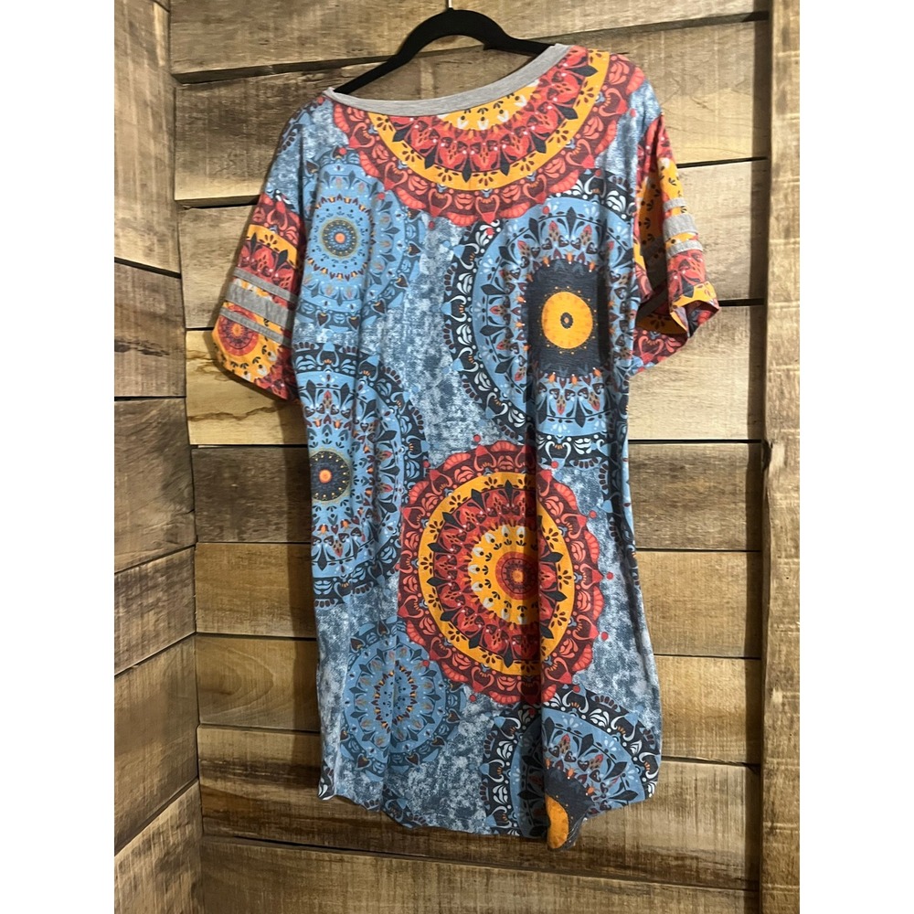 WEACZZY Women Mandala Print V-Neck T-Shirt Dress Short Sleeve Boho Blue Orange S